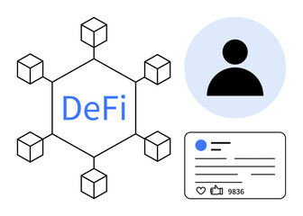 Connected blockchain nodes forming a decentralized finance system, user profile avatar, and digital interaction card. Ideal for blockchain, finance, crypto, technology, networking, data sharing