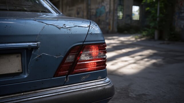 Fototapeta Abandoned vintage car with cracked paint and rust in an urban setting with dramatic lighting