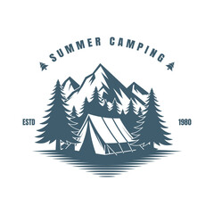 A scenic summer camping artwork with tent, campfire, pine trees, mountains, moon, and stars&mdash;perfect for outdoor and adventure themes.