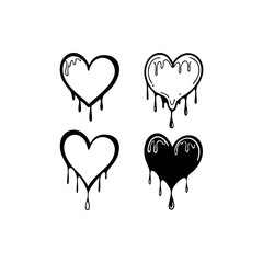 Four dripping hearts with different fillings in black and white illustration