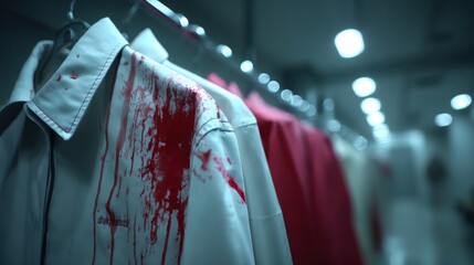 Blood-Stained Shirt Hanging on Rack in Dimly Lit Room with Blurred Background and Soft Focus