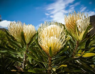 Close-up of three protea flowers
