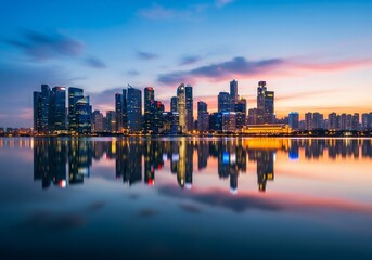 Fototapeta premium Modern city skyline at twilight, buildings reflecting on calm water, vibrant sunset sky colors