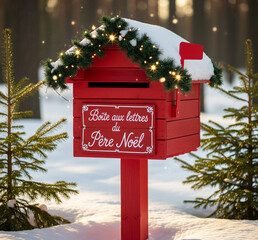 Bo&icirc;te aux lettres rouge du P&egrave;re-No&euml;l entour&eacute;e de neige