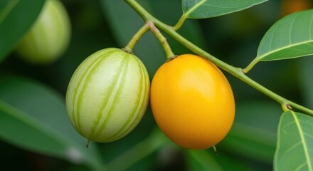 Ripe and unripe tamarillo on branch with green leaves