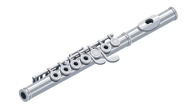 Silver Flute Wind Instrument Isolated on White Background