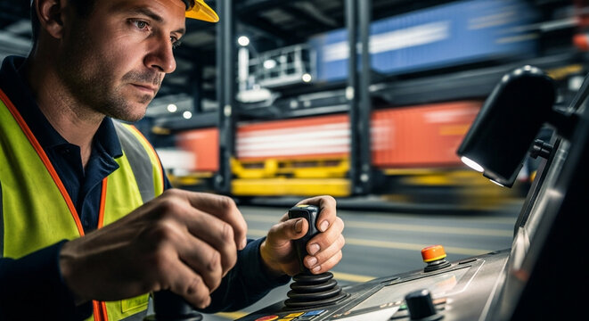 A dockworker skillfully adjusts the control panel, guiding a straddle carrier to transport freight containers in a bustling shipping terminal. The atmosphere reflects focused activity.