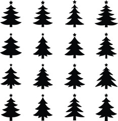 Obraz premium Christmas Tree Silhouette Grid – Black Vector Icons with Stars in Minimalist Style for Holiday Decor and Graphic Design