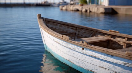 Obraz premium Vintage Wooden Boat Resting Peacefully on Calm Water in Serene Harbor Setting