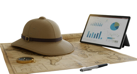 Classic tan pith helmet on vintage world map, modern tablet with data on executive desk, brass compass, soft natural light. Concept of global strategic business planning and adventure