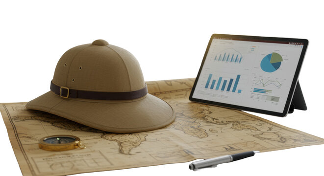 Classic tan pith helmet on vintage world map, modern tablet with data on executive desk, brass compass, soft natural light. Concept of global strategic business planning and adventure
