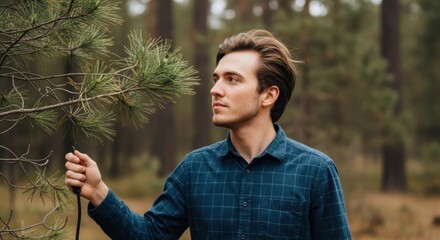 Caucasian young male in forest setting holding pine branch