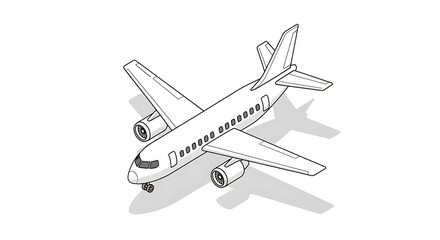 Isometric Line Art Passenger Airplane with Shadow