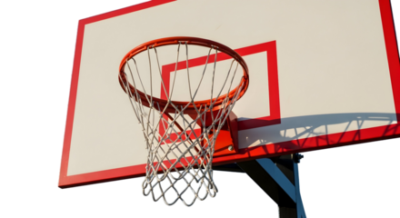 Close-up view of an orange basketball hoop and net against a bright white background