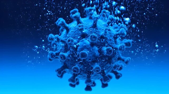 Microscopic 3D rendering of a blue coronavirus particle under water, science and medical concept - Powered by Adobe