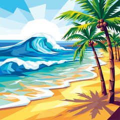 Obraz premium Tropical beach scene with palm trees wave and sun illustration.