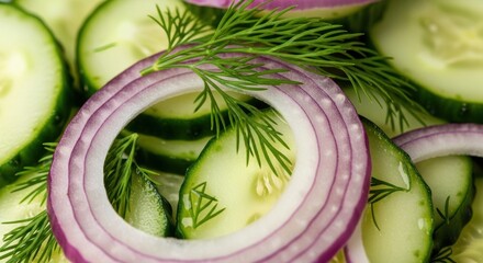 Fresh cucumber and red onion salad garnished with dill