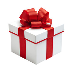 Elegant white gift box with vibrant red ribbon and bow ready for celebration or surprise isolated on transparent background