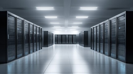 Data Center Interior with Rows of Server Racks in a Secure Environment for IT Infrastructure
