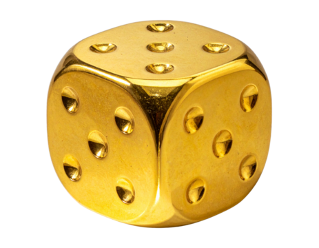 Single Golden D6 Dice Close-Up with Dramatic Lighting, PNG Transparent