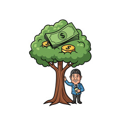 Cartoon man leaning on money tree with dollar bills and gold coins.