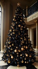 A large black and gold Christmas tree with many gold ornaments