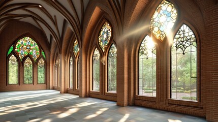 Obraz premium Gothic Hall with Stained Glass Windows and Sunlit Stone Floor