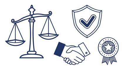 Minimalist Legal and Business Icons: Scales, Shield, Handshake, and Award in Blue Outlines on White                                                   