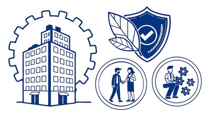 Blue Industrial Building Icon Within a Gear Symbolizing Production Efficiency and Corporate Reliability, set against a clean, minimal white background.