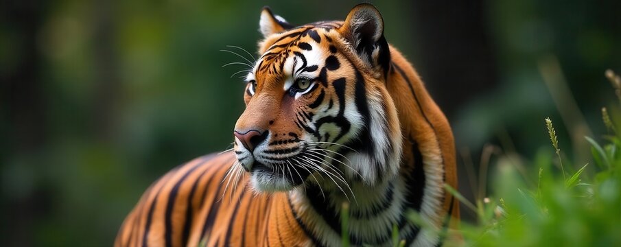 Close up side profile of a majestic tiger with striking orange and black stripes in a lush green forest