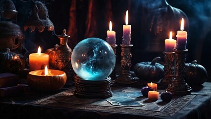 Mystic Crystal Ball Fortune Telling Halloween Night Vector Illustration