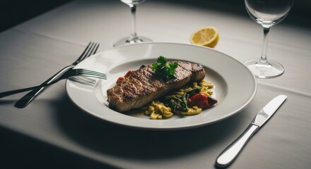 Grilled salmon with creamy risotto and vegetables on a white plate in elegant dining setting