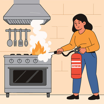 Ilustración de una mujer apagando un incendio en una cocina con un extintor