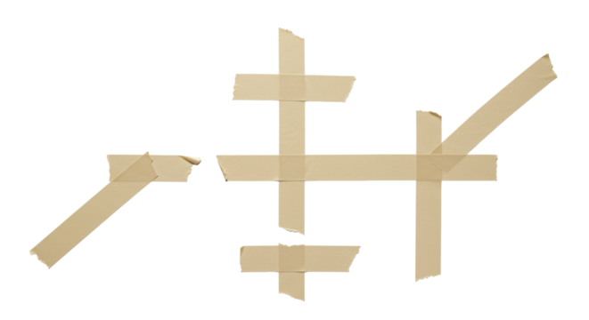 Beige masking tape pieces, varying in lengths and shapes with subtle creases, meticulously arranged on a pristine transparent surface in a flat lay overhead shot, concept of strategic business