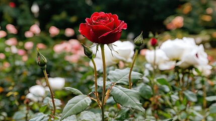 A vibrant red rose stands out amidst a garden of roses.
