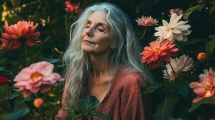 Serene Woman Amongst Dahlias: A Portrait of Tranquility in a Garden