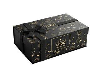 Obraz premium Elegant black gift box decorated with festive pumpkin and bat icons, tied with a stylish black