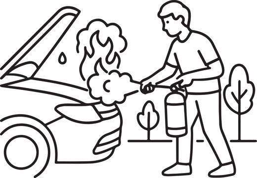 Dibujo de lineas para colorear de incendio en vehiculo y persona usando extintor