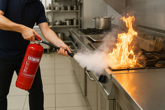 Sujeto apagando incendio en cocina con un extintor