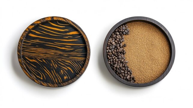 Striking Contrast: Coffee Beans and Ground Coffee in Elegant Dark Wood Bowls
