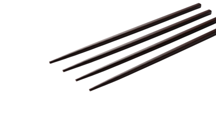 A set of four dark brown wooden chopsticks arranged diagonally on a white background, showcasing their tapered ends