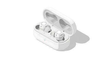 White Wireless Earbuds in Open Charging Case, Isolated on White Background