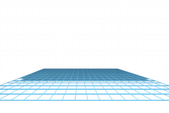 Blue grid floor extending into perspective on a transparent background, creating a visual representation of 3d space