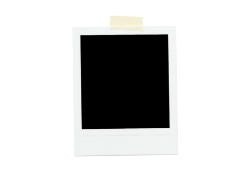 A blank white instant photo frame with textured borders and beige masking tape, against a transparent seamless background with ample copy space under bright studio lighting, concept of a versatile