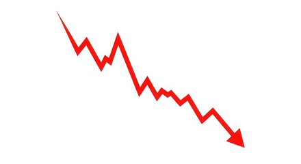 Red arrow line graph showing a downward trend isolated on white background