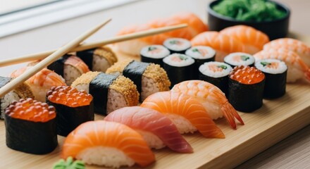 Assorted sushi platter with nigiri and rolls on wooden board