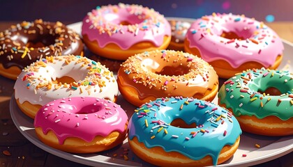 Delicious glazed donuts in vibrant colors