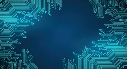 Abstract blue circuit board background with empty space in center