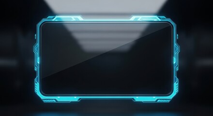 Futuristic screen with blue neon frame on dark background
