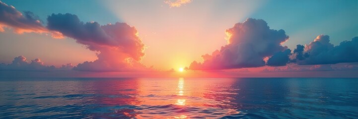 Ocean horizon at sunset with dramatic clouds and vibrant sky reflection